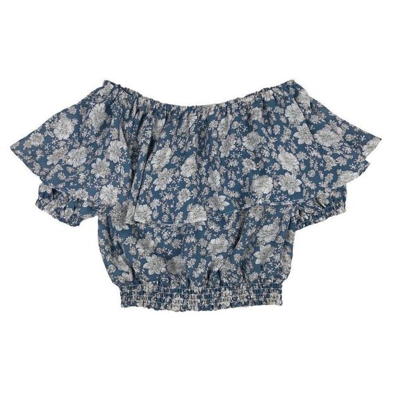 E Hyphen World Gallery Blue & White Floral Off Shoulder Crop Top - Picture 2 of 7